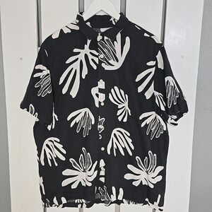 FOLK Clothing Men's Linen Blend Button Down Short Sleeve Shirt Large Black White